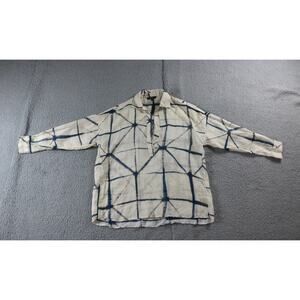 Massimo Dutti Womens Shirt S Tunic Half Button Geometric Blue Tan Cotton